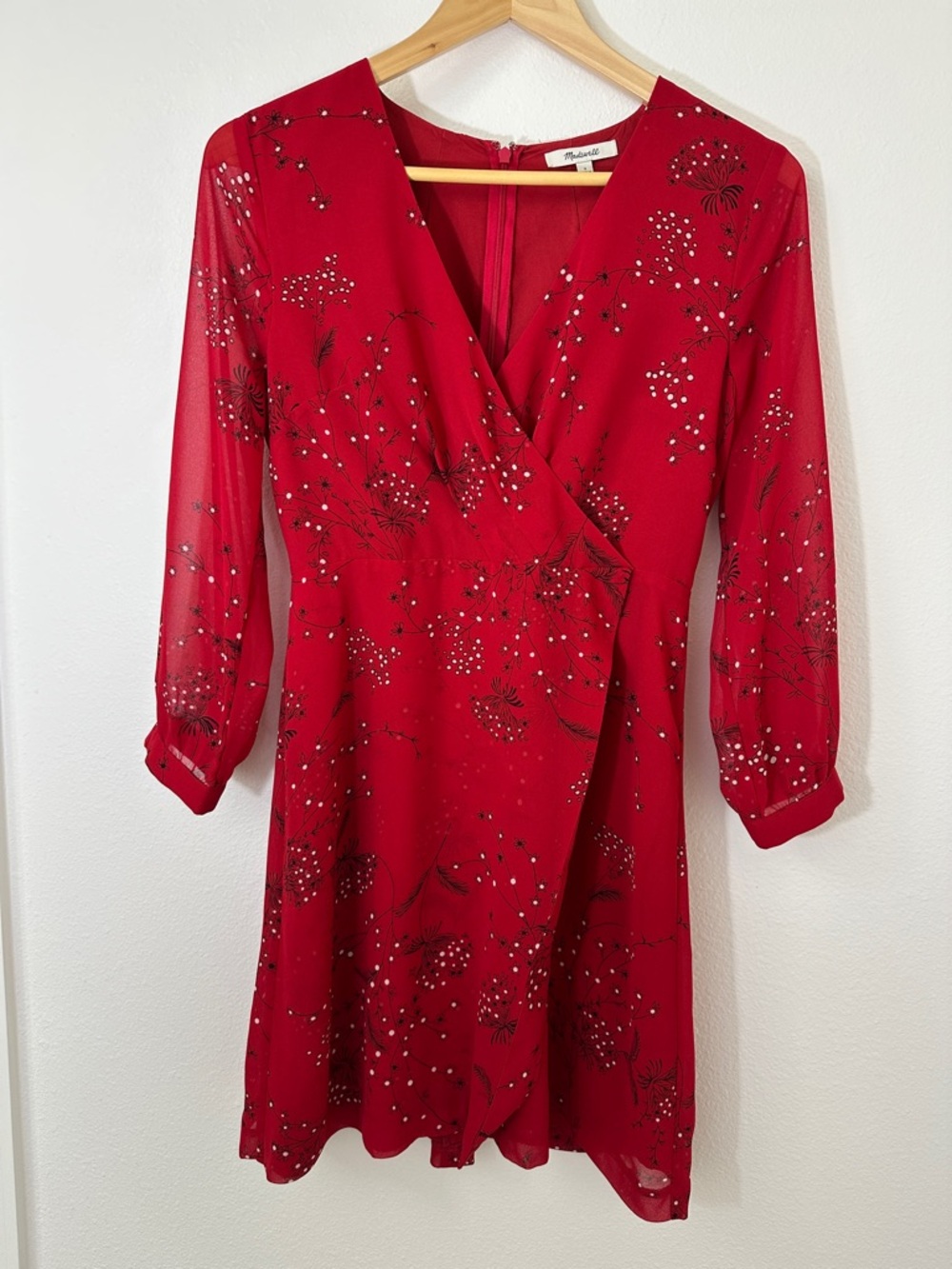 Madewell Hazelwood Wrap Front Red Mini Dress Windswept Floral Long Sleeve Size 2